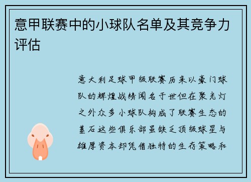 意甲联赛中的小球队名单及其竞争力评估