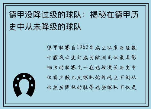 德甲没降过级的球队：揭秘在德甲历史中从未降级的球队